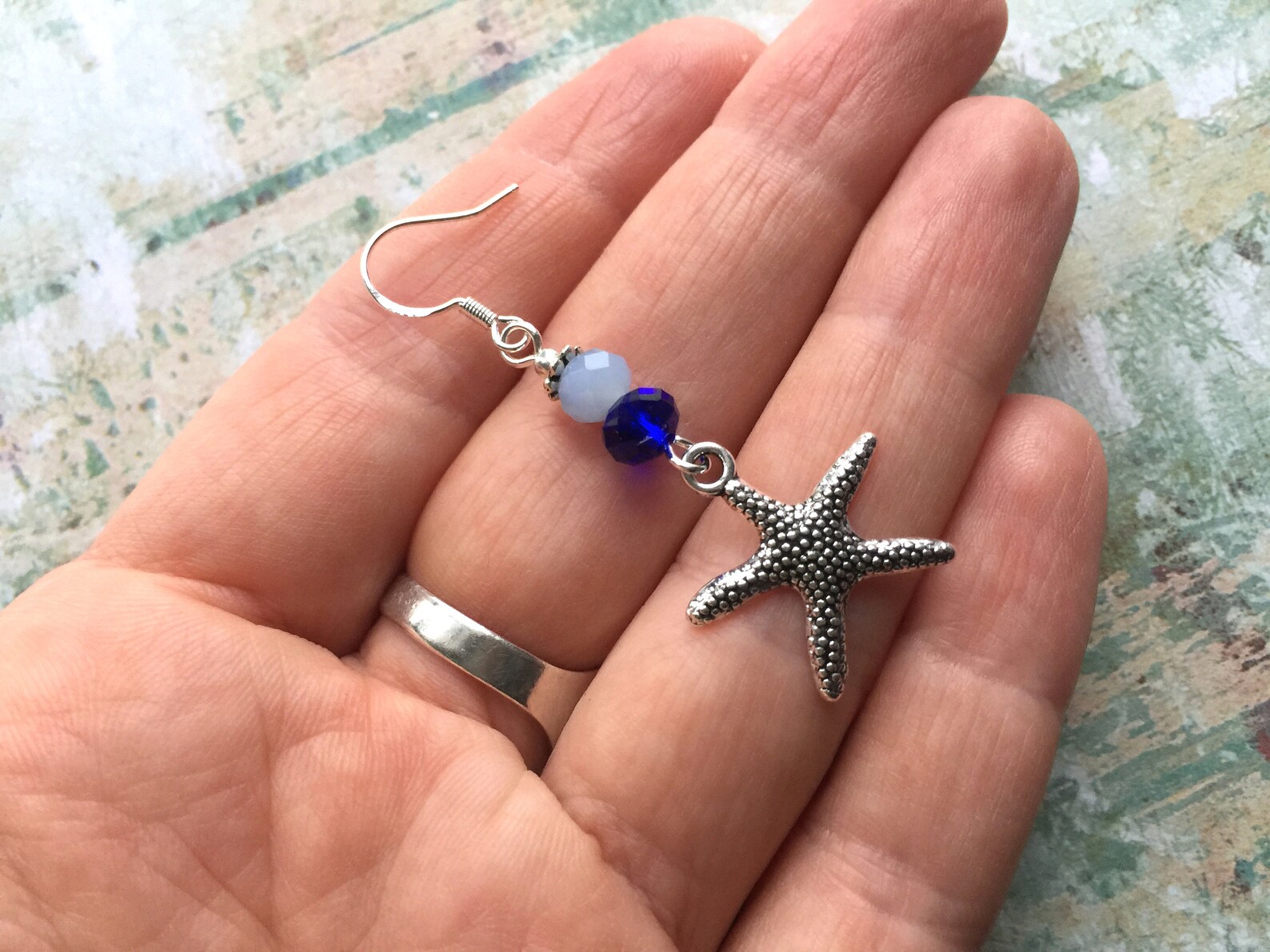 Silver Starfish Earrings With Blue Glass Beads and Sterling - Etsy
