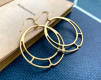 Art Nouveau Earrings with Gold Plated hooks, Hoop Earrings, Gold Hoop Earrings, Art Deco Earrings, Elegant Hoop Earrings, Statement Earrings