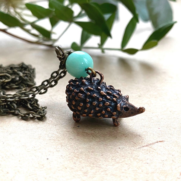 Adorable Hedgehog Necklace with a Pale Green Jade Pearl, Selma Dreams, Hedgehog Pendant, Animal Necklace, Woodland Jewelry, Charm Necklace