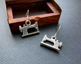 Silver Sewing Machine Earrings, Sterling Silver Hooks, Seamstress Gifts, Sewing Gifts, Vintage Sewing Machine, Small Dangle Earrings, Gifts