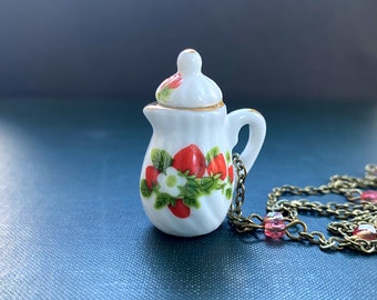 Vintage Strawberry Teapot Necklace, Porcelain Necklace, Whimsical Jewelry, Coffee Pot Necklace, Gifts for Her, Gift Ideas, Birthday Gift