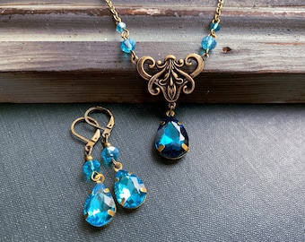 Art Nouveau Jewel Necklace and Earrings Set, Turquoise Glass, Vintage Jewelry Set, Evening Wear, Art Nouveau Necklace, Anniversary Gifts