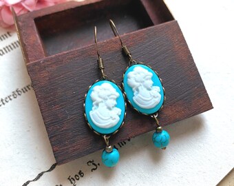 Turquoise cameo earring, turquoise beads, small cameo earrings, traditional cameo, Mother's Day gifts, gifts for mum, vintage earrings, teal