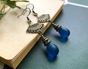 Art Nouveau Earrings with Midnight Blue Teardrop Glass Pendants, Selma Dreams, Art Nouveau Jewelry, Valentines Gifts, Girlfriend Gifts