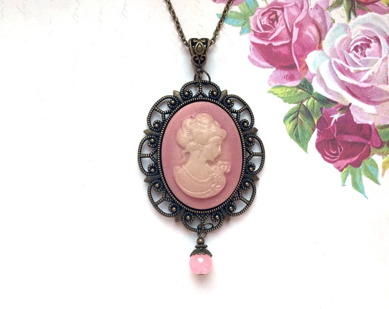 Kamee-Halskette mit großem rosa Anhänger, Geschenk für Frau, traditionelle Kamee-Halskette, rosa Kamee-Halskette, viktorianischer Schmuck, große Kamee, Geschenk Bild 5