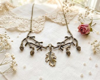 Enchanted Forest Necklace: Bronze Branch, Pine Cone & Oak Leaf Bib Necklace