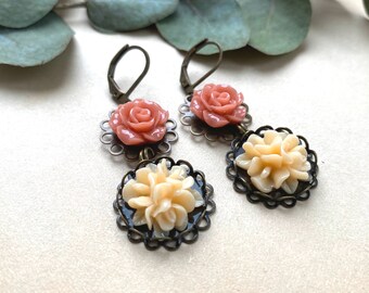 Pendientes de rosas, colgantes de flores, joyas nupciales, pendientes de otoño, pendientes de otoño, pendientes boho, colgantes de rosas, pendientes de flores boho, colgantes