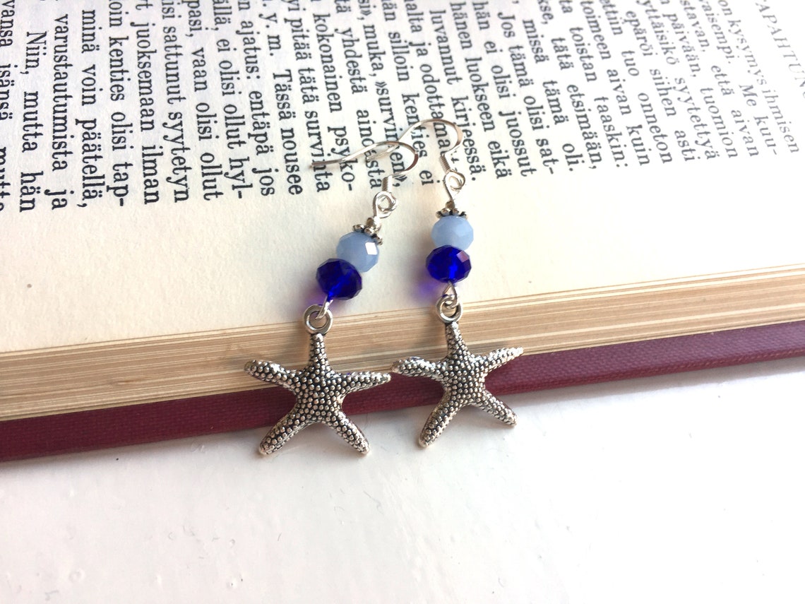 Silver Starfish Earrings With Blue Glass Beads and Sterling - Etsy
