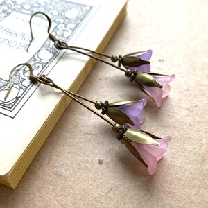 Lovely Lilac and Pink Bell Flower Earrings, Woodland Jewelry, Long Flower Earrings, Vintage Inspired Floral Earrings, Nature Jewelry image 4