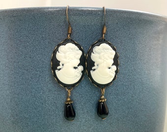 Stunning Cameo Earrings with Black Onyx Gemstone Pendants, Selma Dreams, Onyx Earrings, Black Cameo Earrings, Lady Cameo Earrings, Gift idea