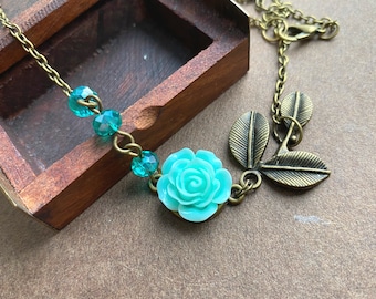 Leaf Necklace with a Teal Rose Pendant, Selma Dreams, Nature Jewelry, Flower Necklace, Floral Necklace, Bridal Necklace, Teal Wedding, Gifts