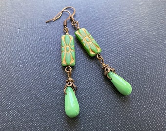 Art Nouveau Earrings, Green and Gold, Green Dangle Earrings, Long Earrings, Dangle Earrings, Boho Dangle, Statement Earrings, Art Deco