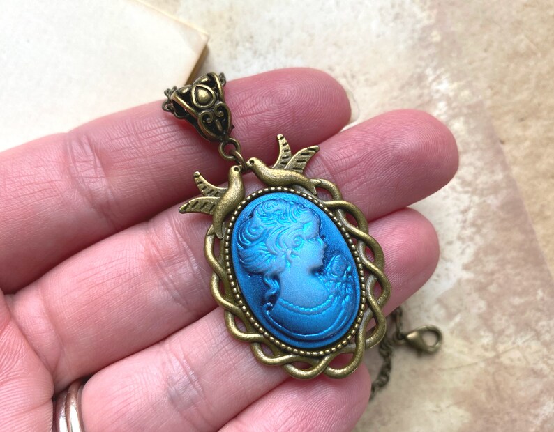 Beautiful Blue Cameo Necklace in a Bird Adorned Setting, Selma Dreams, Traditional Lady Cameo, Gifts for Her, Gift for Mom, Gifts Under 30 image 3