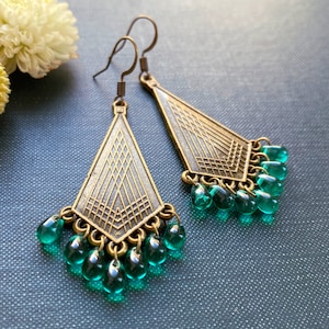 Art Deco Earrings: Teal Glass, Antiqued Bronze, Vintage Style