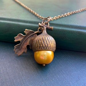 Acorn Necklace: Bronze Oak Leaf Pendant with Golden Glass Pearl