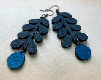 Scandinavian Statement Earrings, Wood Pendants, Statement Jewelry, Wooden Pendants, Big Earrings, Large Statement Earrings, Black and Teal