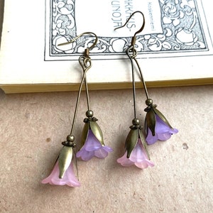 Lovely Lilac and Pink Bell Flower Earrings, Woodland Jewelry, Long Flower Earrings, Vintage Inspired Floral Earrings, Nature Jewelry image 2