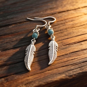 Puede incluir: Un par de pendientes colgantes de tono plateado con un dije de pluma de metal suspendido de una pequeña cuenta redonda de color azul claro. Los pendientes están sujetos a ganchos plateados y muestran líneas grabadas en las plumas.