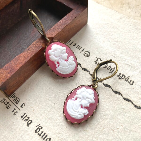 Gorgeous pink cameo earrings, Selma Dreams, Victorian earrings, small cameo earrings, vintage earrings, romantic earrings, Mother's day gift