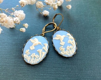 Blue Hummingbird Cameo Earrings, Gift for Mom, Vintage Earrings, Gift for Her, Anniversary Gifts, Gift for Wife, Gift Ideas