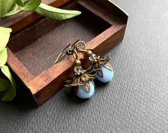 Blue Fligree Earrings, Blue Glass Earrings, Filigree Vintage, Art Nouveau Earrings, Gifts for Mother, Girlfriend Gift, Dangle Earrings, Gift