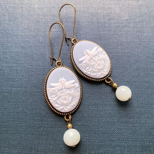 Pale Blue Dragonfly Cameo Earrings with Jade Pearls, Vintage Earrings, Jade Earrings, Dragonfly Earrings, Cameo Earrings, Gift for Mom