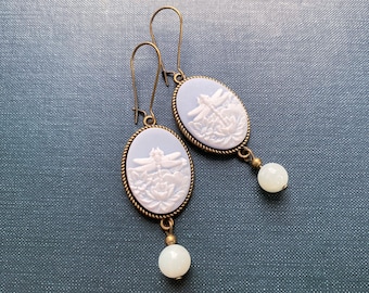 Pale Blue Dragonfly Cameo Earrings with Jade Pearls, Vintage Earrings, Jade Earrings, Dragonfly Earrings, Cameo Earrings, Gift for Mom