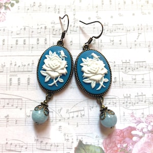 Vintage Inspired Rose Cameo Earrings with Blue Jade Beads, Selma Dreams, Victorian Earrings, Traditional Cameo, Blue Cameo, Rose Cameo image 1