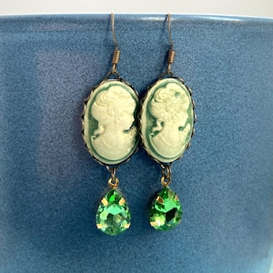 Green Cameo Earrings with Glass Pendants, Selma Dreams, Victorian Earrings, Gift for Mom, Gift for Wife, Girlfriend Gift, Vintage Earrings