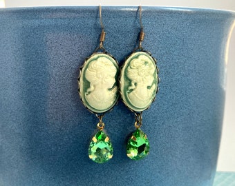 Green Cameo Earrings with Glass Pendants, Selma Dreams, Victorian Earrings, Gift for Mom, Gift for Wife, Girlfriend Gift, Vintage Earrings