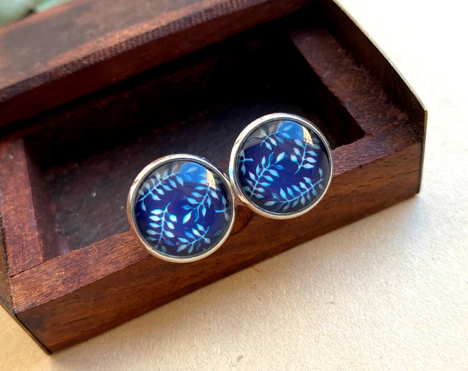 Studs or dangle earrings! Scandinavian silver earrings with blue leaf pendants, stud earrings, Scandianvian jewelry, Nordic jewelry