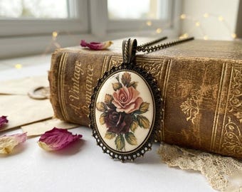 Vintage Rose Cameo Necklace: Victorian Style Floral Jewelry