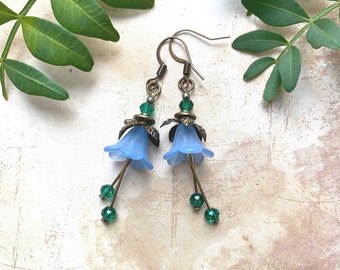 Blue bell flower earrings and turquoise glass beads, Boho bride, woodland wedding, vintage flower earrings, bridesmaid gifts