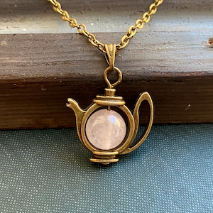 Collar de tetera: cristal de cuarzo rosa, joyería de Alicia en el País de las Maravillas