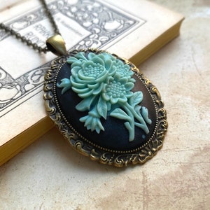 Beautiful vintage inspired necklace with a floral cameo pendant,  traditional cameo, rose cameo, blue cameo necklace, flower cameo