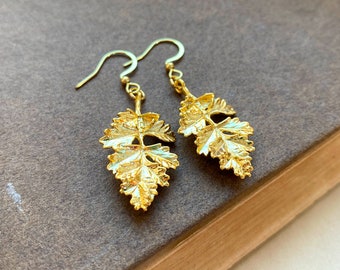 24k Gold Plated Leaf Earrings, Woodland Jewelry, Nature Earrings, Gift for Mom, Gift for Girlfriend, Gold Dangle Earrings, Gift for Wife