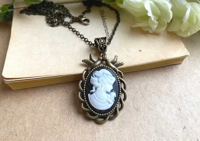 Mooie zwarte dame cameo ketting, vintage geïnspireerde cameo ketting, cadeau voor moeder, vogel cameo hanger, Victoriaanse sieraden, elegante ketting afbeelding 2