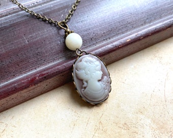 Traditional cameo necklace with a glass pearl, Victorian necklace, vintage cameo necklace, bespoke necklace, unique necklace, brown cameo