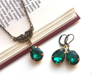 Conjunto de collar y aretes de joyas, vidrio verde esmeralda, conjunto de joyas vintage, ropa de noche, conjunto de joyas Art Nouveau, collar Art Nouveau
