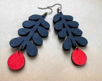 Scandinavian statement earrings, wood pendants, statement jewelry, wooden pendants, big earrings, large statement earrings, black and red