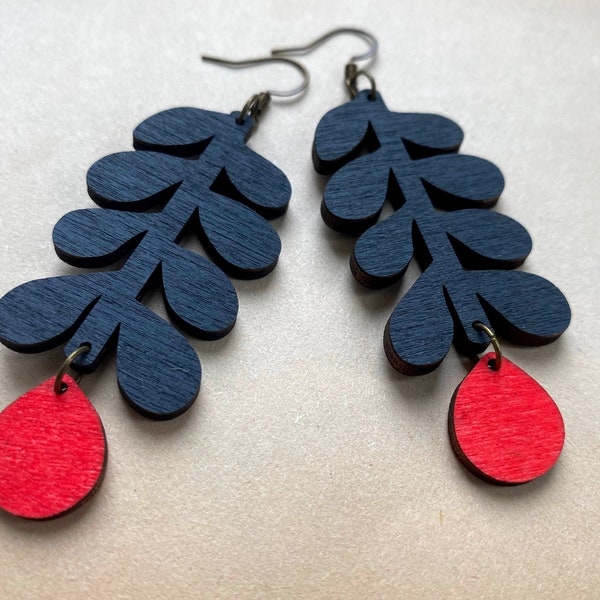 Scandinavian Statement Earrings, Wood Pendants, Statement Jewelry, Wooden Pendants, Big Earrings, Large Statement Earrings, Black and Red