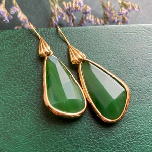 Art Deco Green Glass Earrings: 18k Gold Plated Dangle Earrings