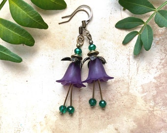 Bell Flower Earrings and Turquoise Glass Beads, Selma Dreams, Purple Flower Earrings, Floral Earrings, Dangle Flower Earrings, Boho Bride