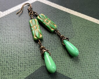 Art Nouveau Earrings, Green and Gold, Green Dangle Earrings, Long Earrings, Dangle Earrings, Boho Dangle, Statement Earrings, Art Deco