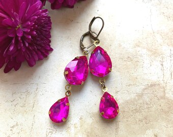 Hot pink glass earrings, glass pendants, Victorian earrings, pink vintage earrings, pink dangle earrings, shimmering earrings, evening wear