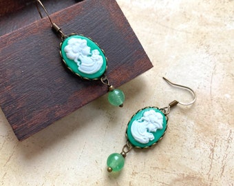 Cameo Earrings with Green Aventurine Gemstone Beads, Gift for Mom, Traditional Cameo, Green Cameo Earrings, Vintage Earrings