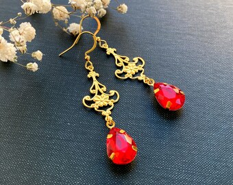 Art Nouveau Earrings with Ruby Red Glass Pendants, Gold Dangle Earrings, Art Nouveau Jewelry, Floral Dangle Earrings, Gifts for Her, Gifts