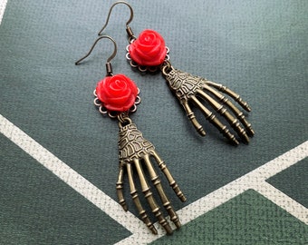 Skeleton Hand Earrings with Red Rose Pendants, Selma Dreams, Frida Kahlo Inspired, Statement Earrings, Feminist Jewelry, Kahlo Jewelry