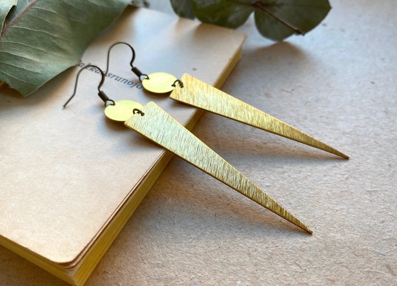 Elegant raw brass earrings, long earrings, golden earrings, long gold earrings, statement earrings, statement jewelry, raw brass pendants image 2