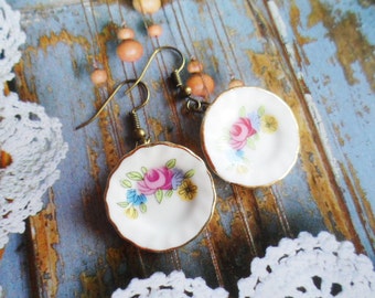 Whimsical miniature dinner plate earrings with antique style brass hooks and porcelain pendants, Selma Dreams